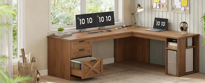 Farmhouse L-Shaped Desk with File Drawer & Built-In Charging Station