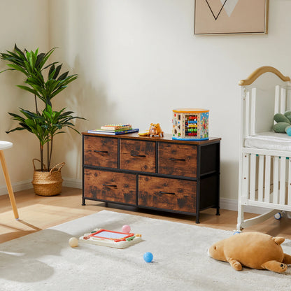 Modern 5-Drawer Storage Cabinet with Wood Top & Metal Frame