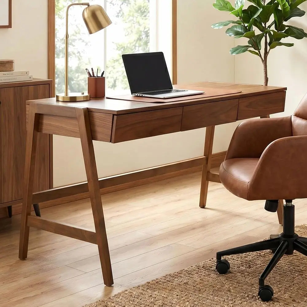 59" Walnut Writing Desk with Hidden Cable Management