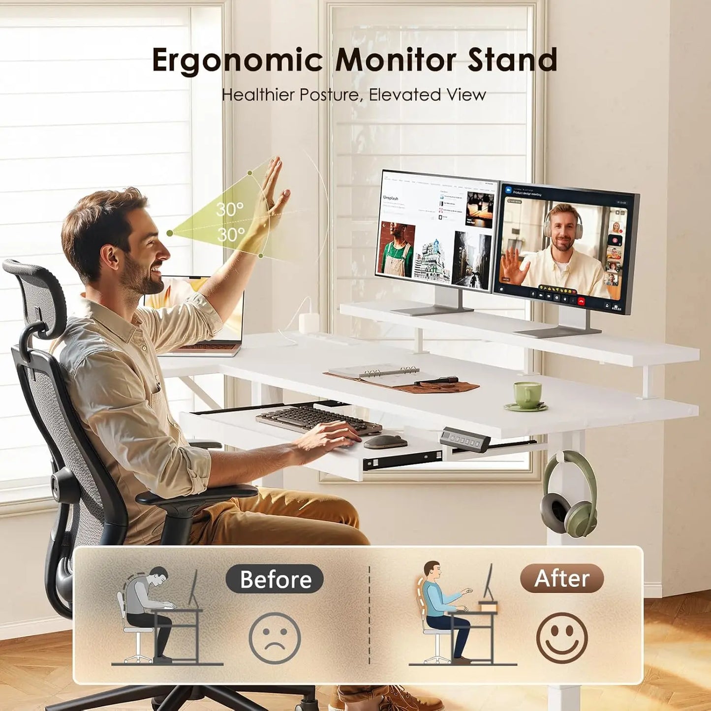 Electric L-Shaped Standing Desk with Keyboard Tray & Charging Station