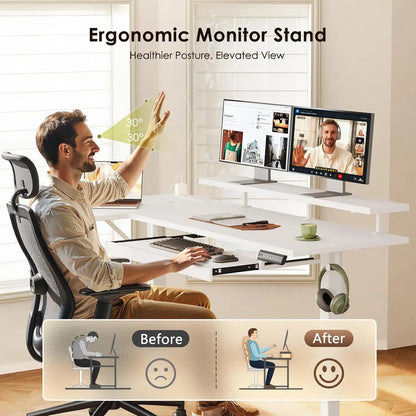 Electric L-Shaped Standing Desk with Keyboard Tray & Charging Station