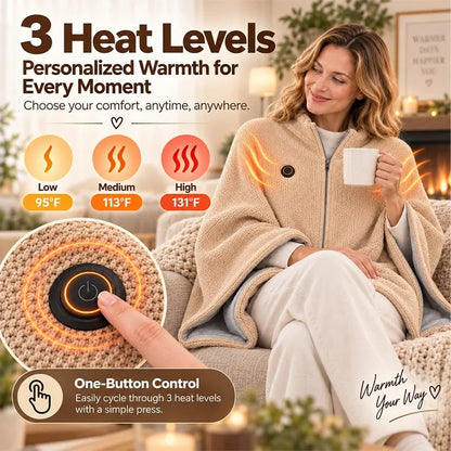Heated Cape Shawl USB Powered Zip-Front Knit Fleece