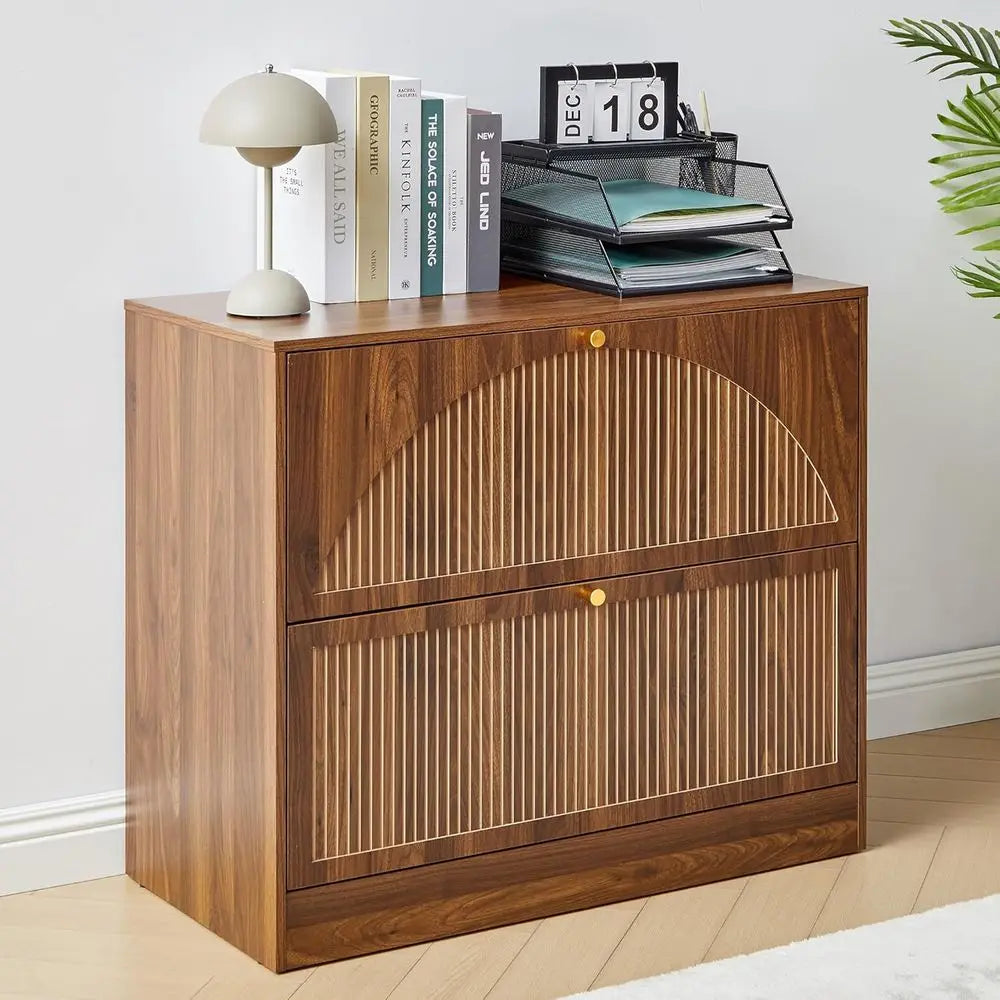 Premium Walnut Filing Cabinet with Fluted Drawers & Spacious Storage