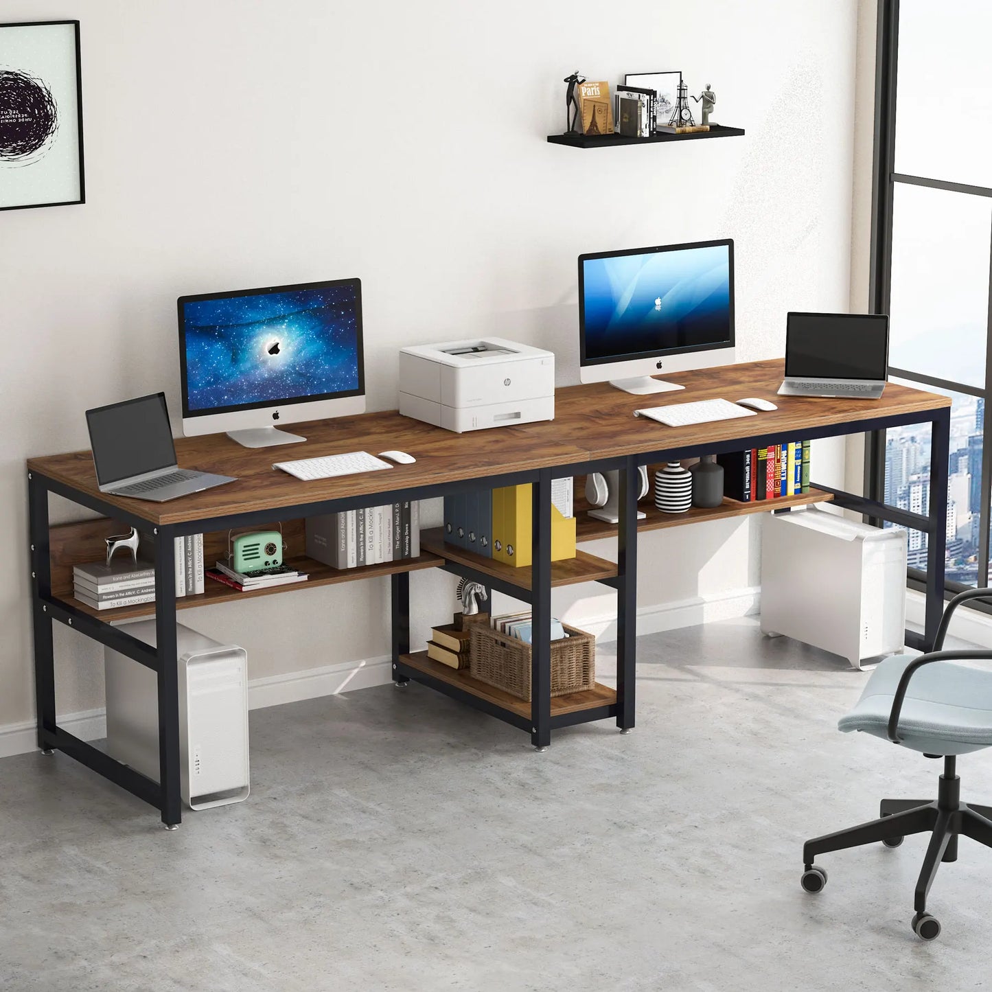 Two-Person Desk with Bookshelf