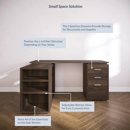 60" Dark Walnut L-Shaped Corner Desk