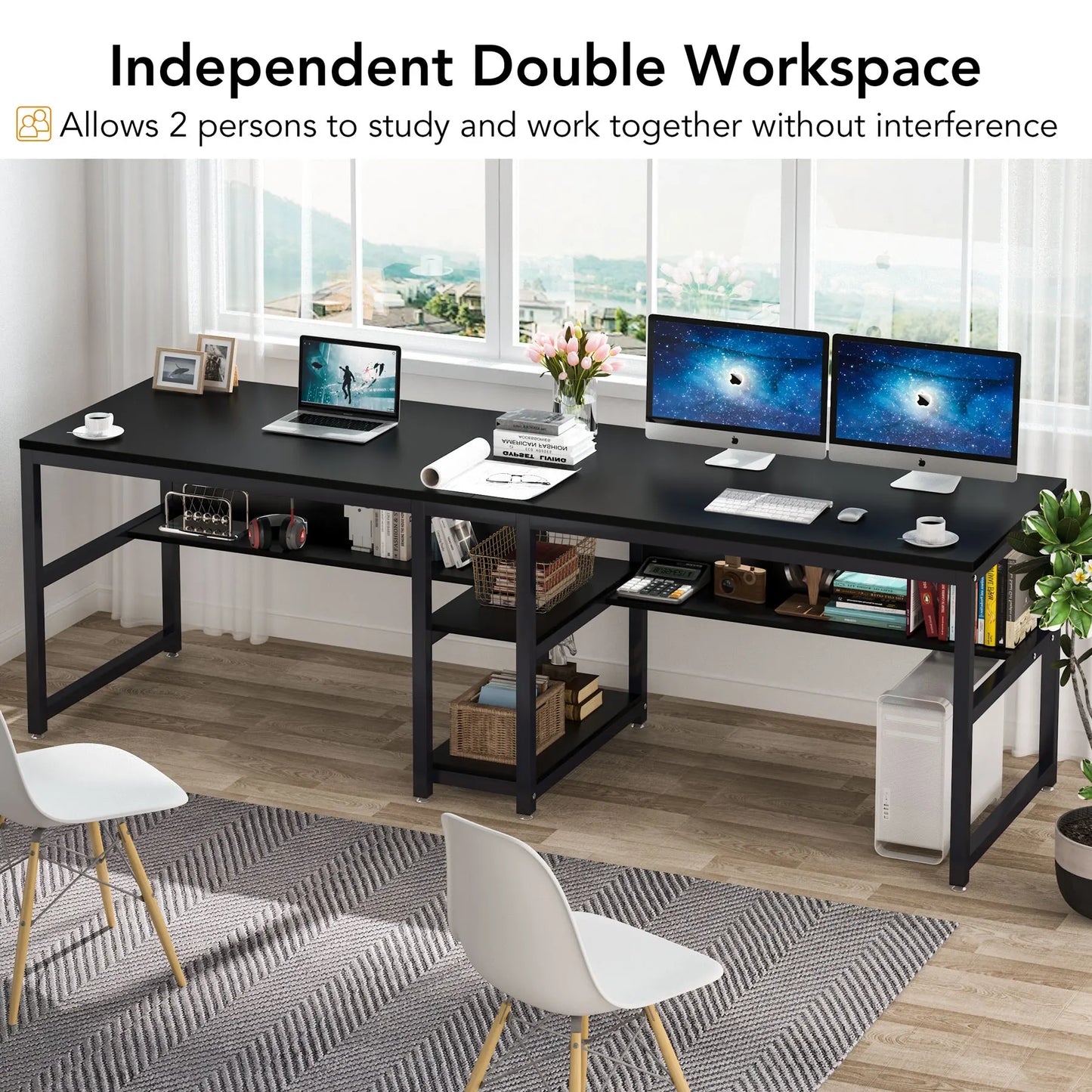 Two-Person Desk with Bookshelf