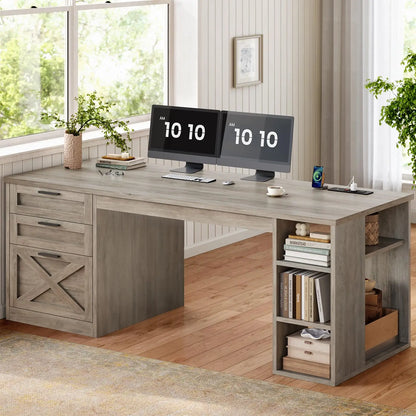Hearthwood Farmhouse L-Shaped Desk with Drawers & Charging Station