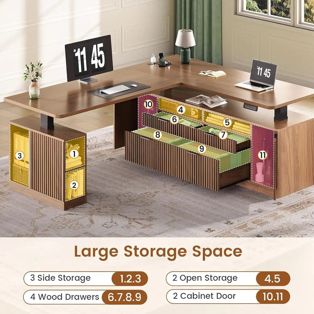 L-Shaped Standing Desk with 4 Drawers