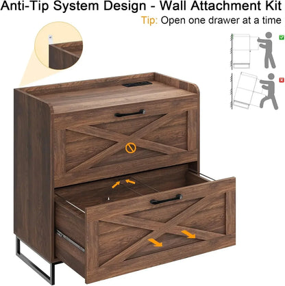 Premium Wood Filing Cabinet with Charging Station & Dual File Drawers