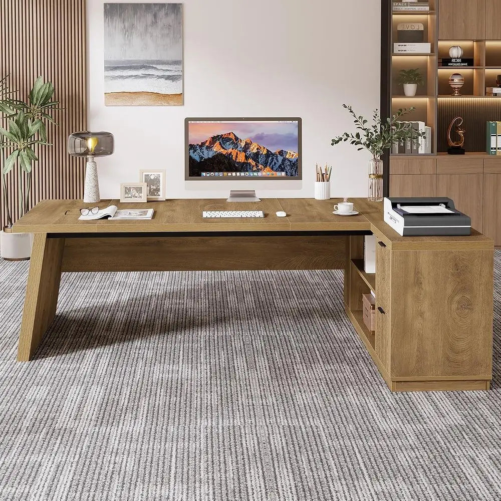Oak Brown L-Shaped Executive Desk