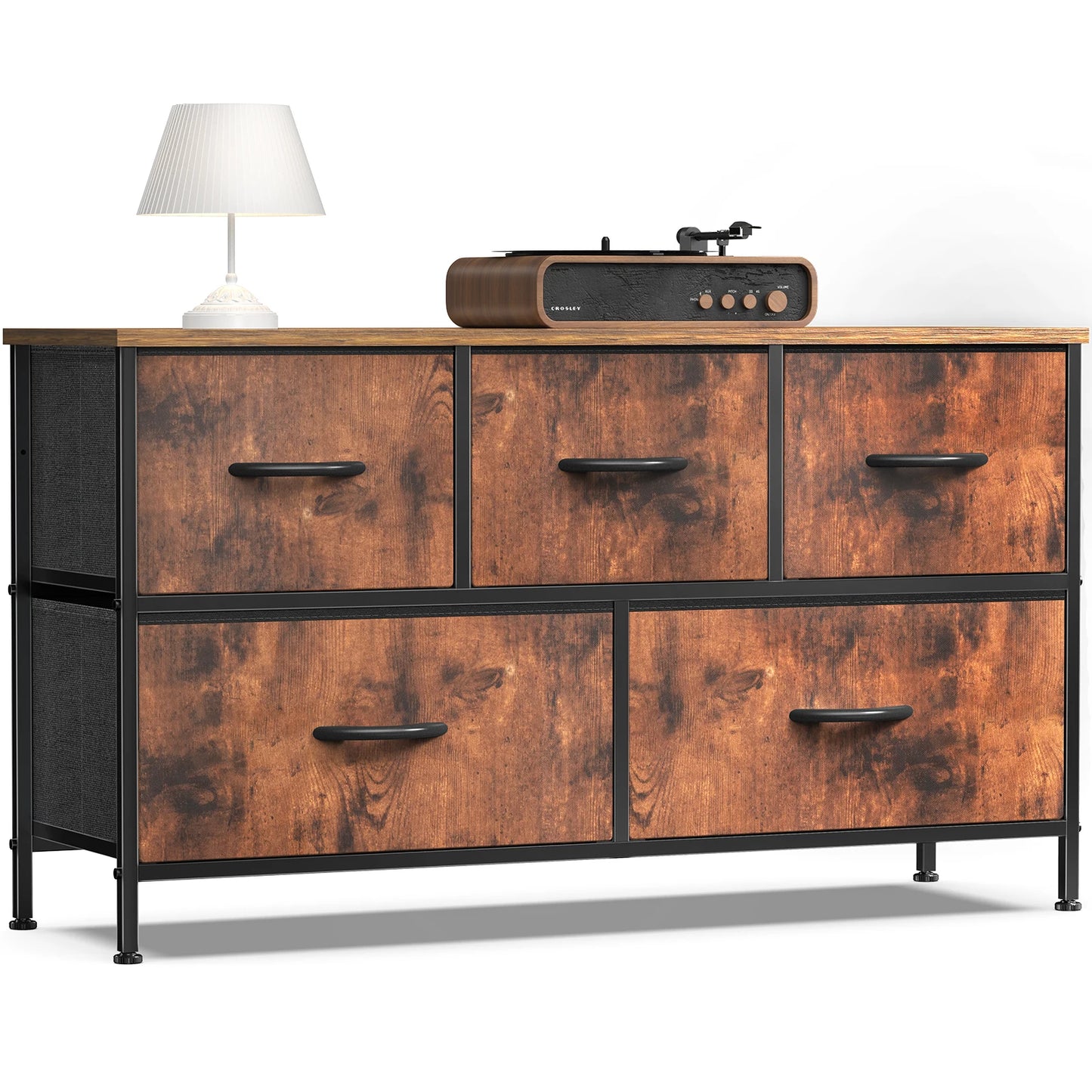 Modern 5-Drawer Storage Cabinet with Wood Top & Metal Frame