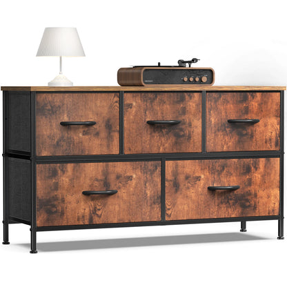 Modern 5-Drawer Storage Cabinet with Wood Top & Metal Frame
