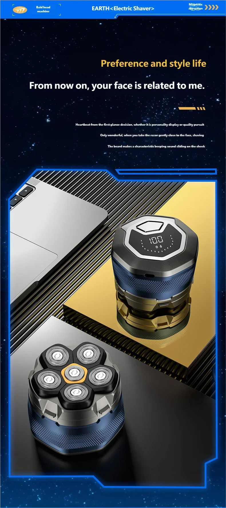 6D Waterproof Head & Face Shaver for Men