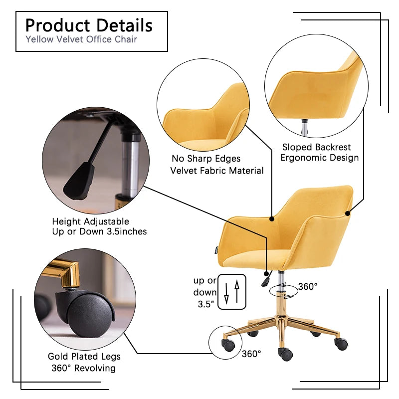 Yellow Velvet Swivel Office Chair