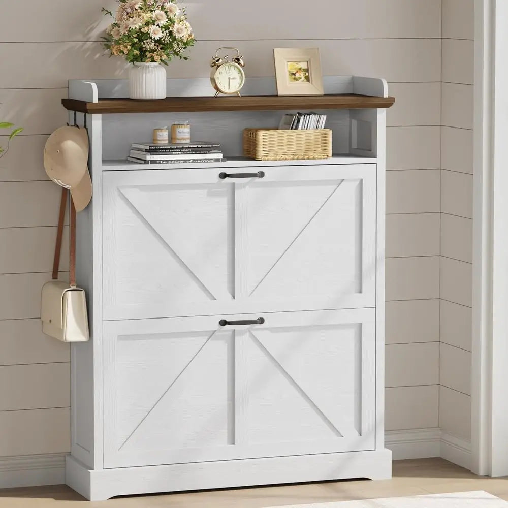 Double-Layer Shoe Cabinet with Hooks