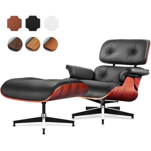 Elegant Black Leather Chaise Lounge with Ottoman