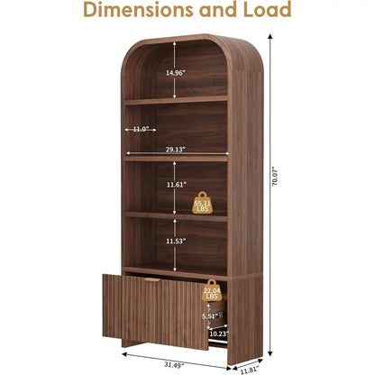 Arched Wood Bookcase with Drawer & Open Display Shelves