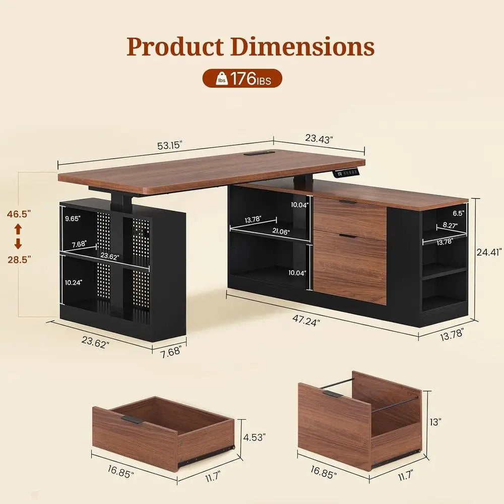Nexus Electric L-Shaped Standing Desk with Shelving & Power Hub