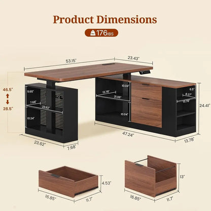 Nexus Electric L-Shaped Standing Desk with Shelving & Power Hub
