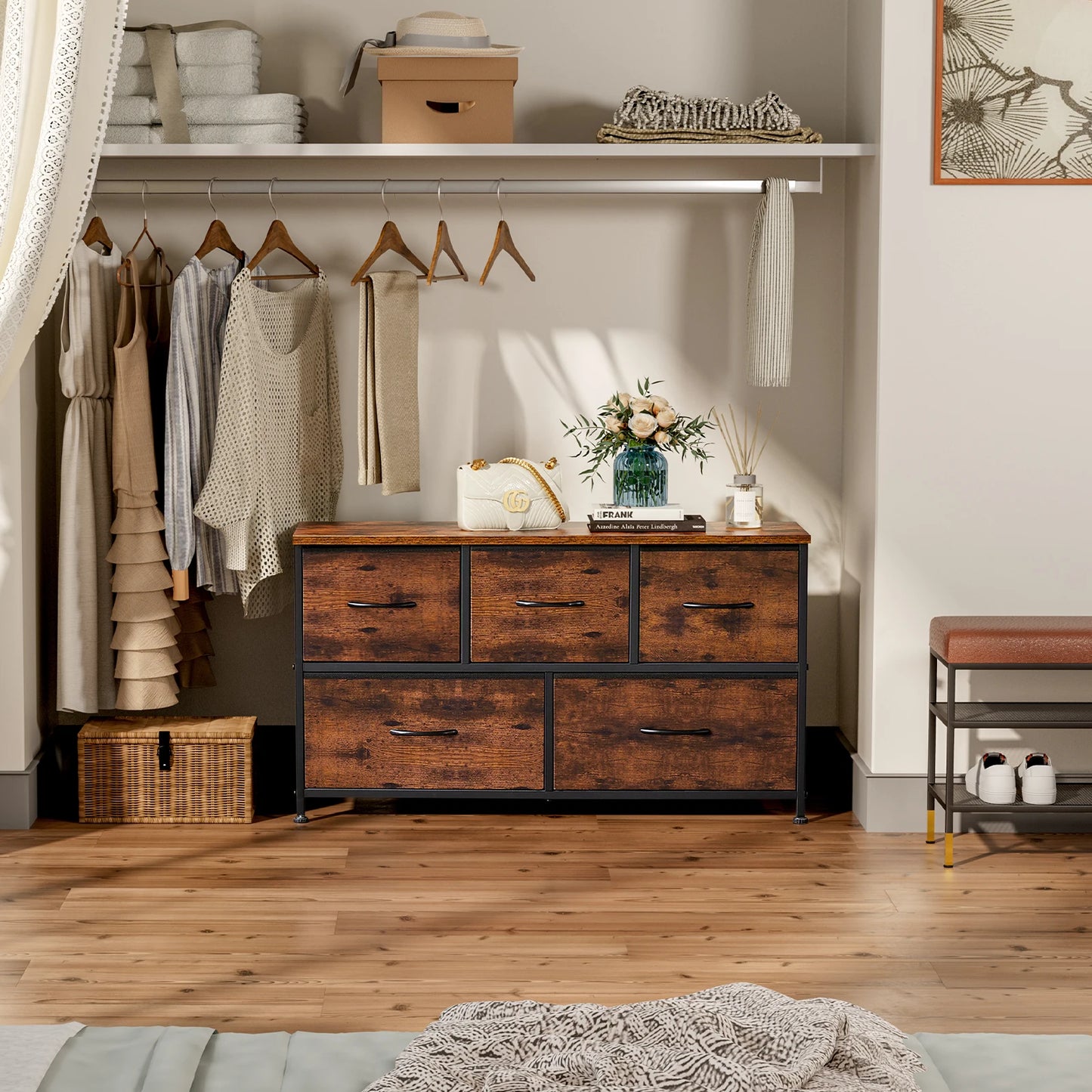 Modern 5-Drawer Storage Cabinet with Wood Top & Metal Frame