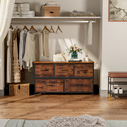 Modern 5-Drawer Storage Cabinet with Wood Top & Metal Frame