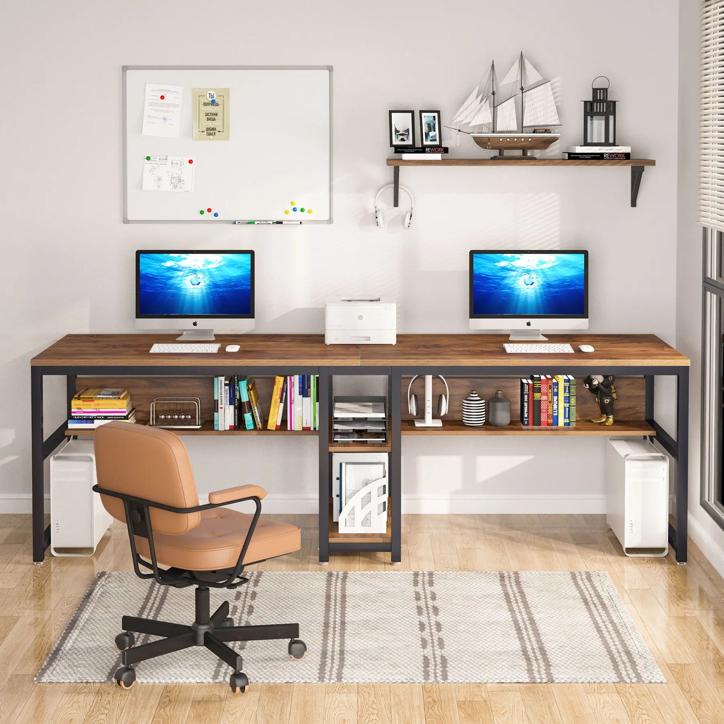 Two-Person Desk with Bookshelf