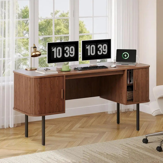 Walnut L-Shaped Desk with Charging Station