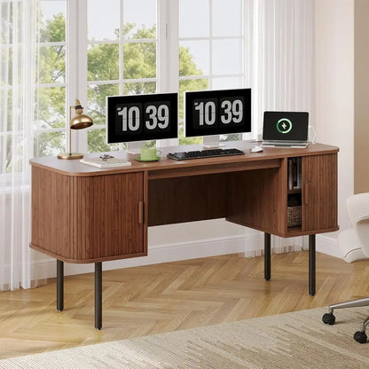 Walnut L-Shaped Desk with Charging Station