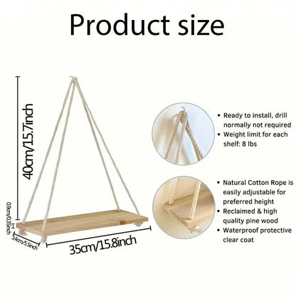 Wooden Hemp Rope Hanging Shelf