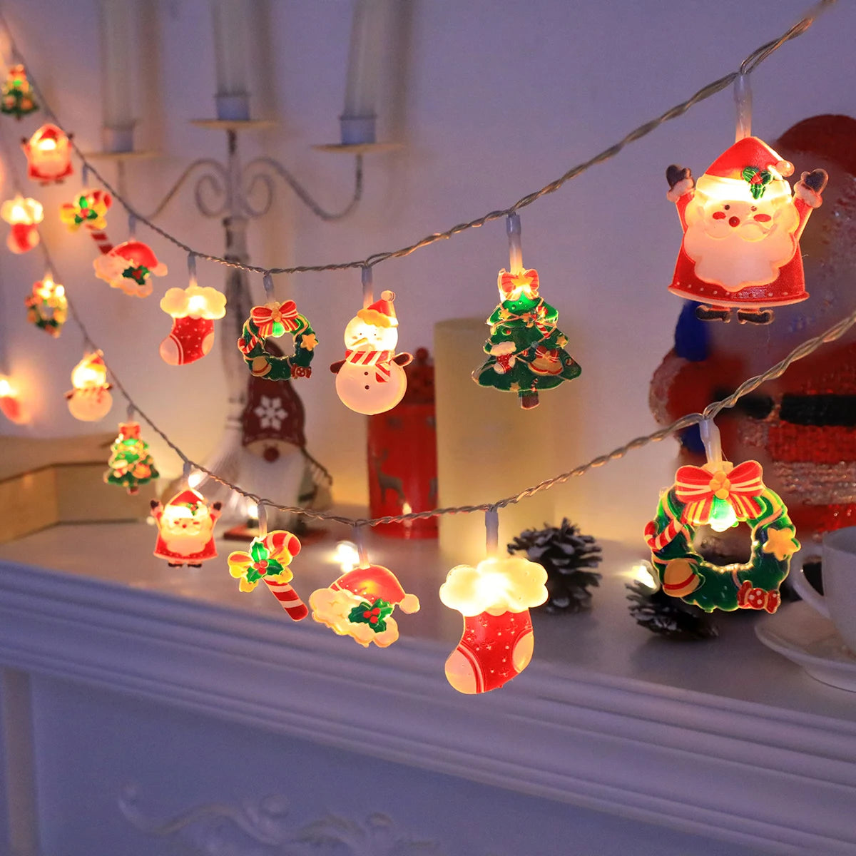 Santa & Snowman LED String Lights | Battery Christmas Garland