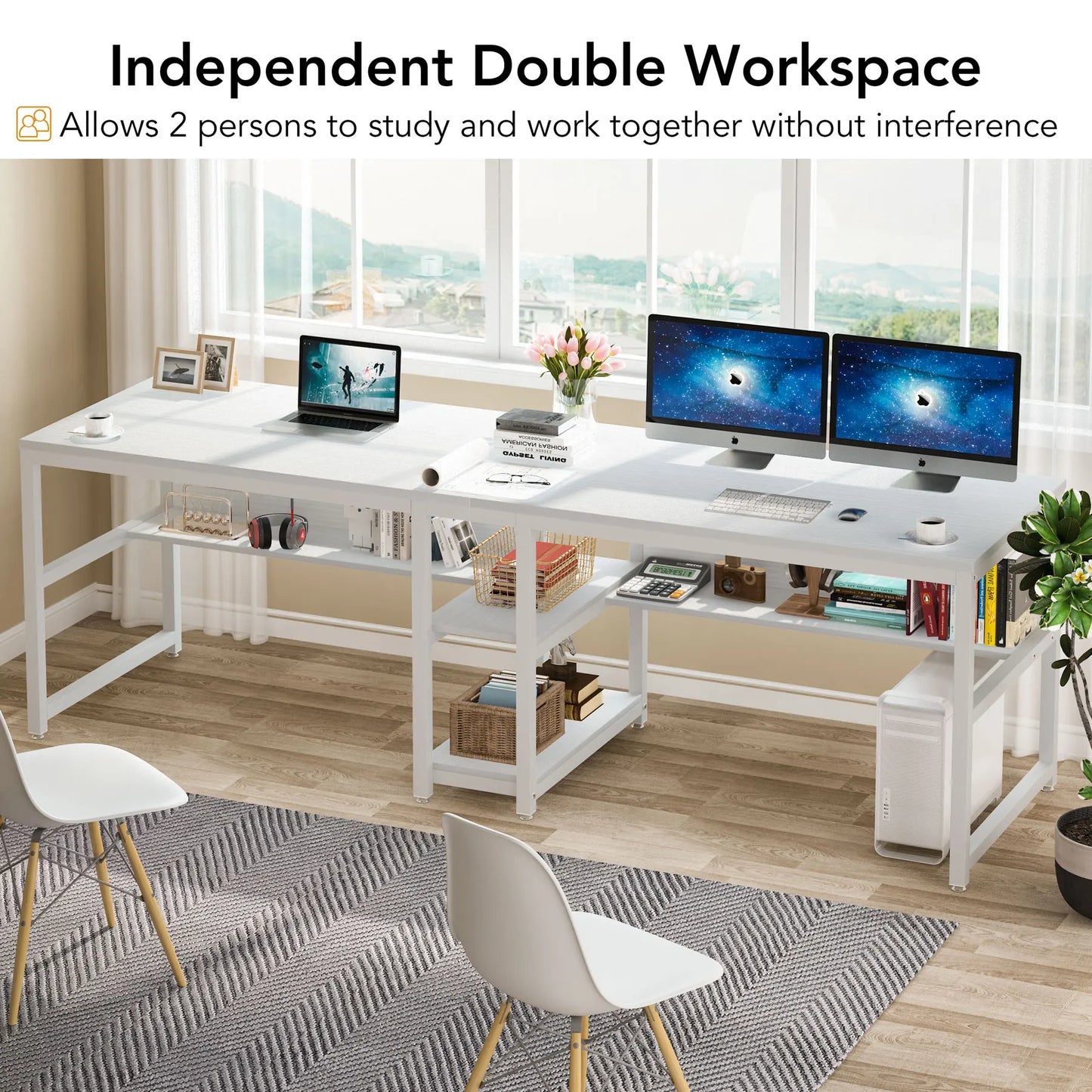 Two-Person Desk with Bookshelf