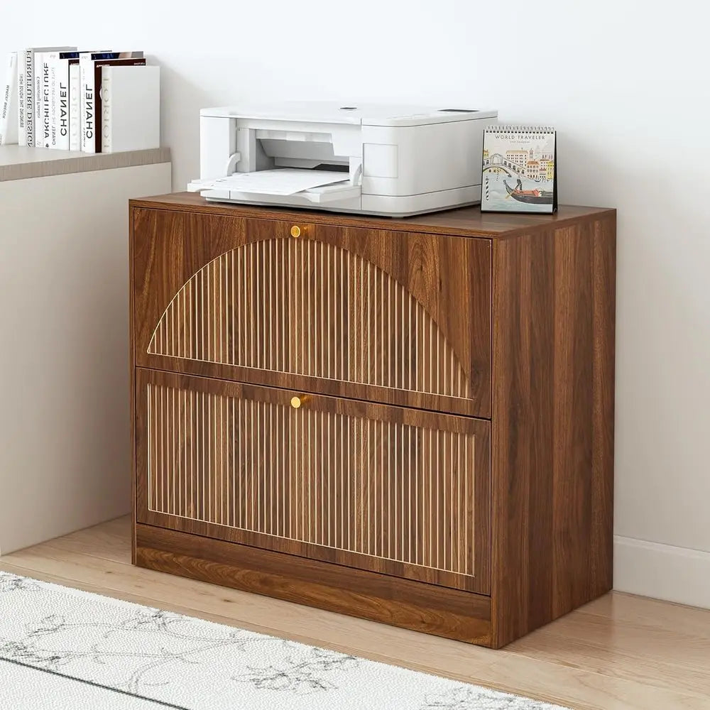 Premium Walnut Filing Cabinet with Fluted Drawers & Spacious Storage