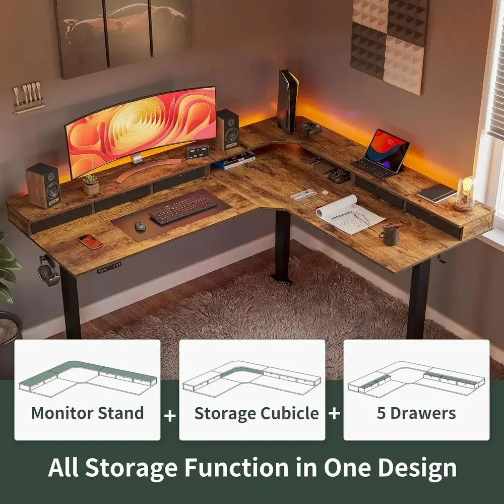 Premium L-Shaped Electric Standing Desk with Triple-Motor Lift & Storage