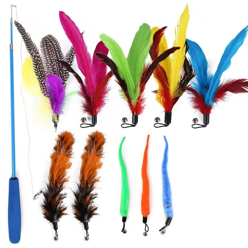 11pc Cat Feather Toy Set, Retractable Wand
