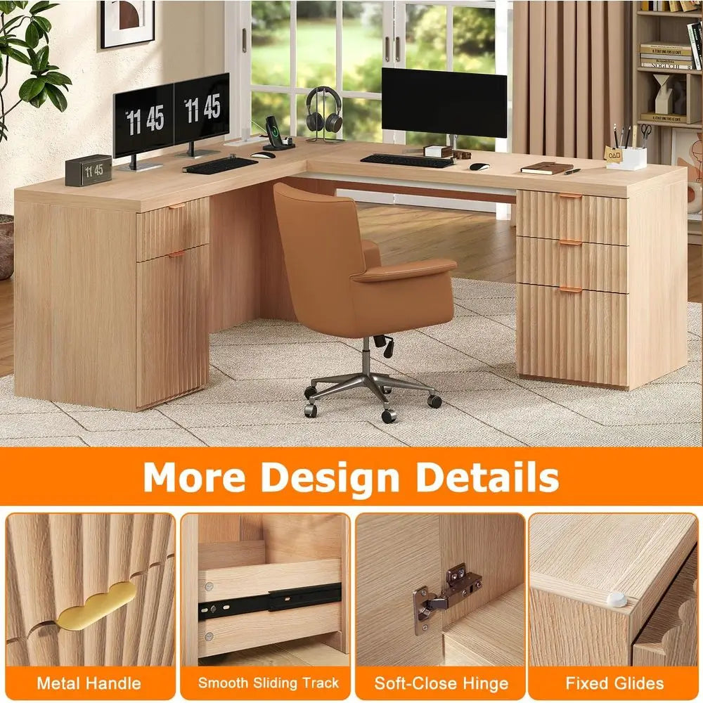 Oak L-Shaped Desk with Charging Station