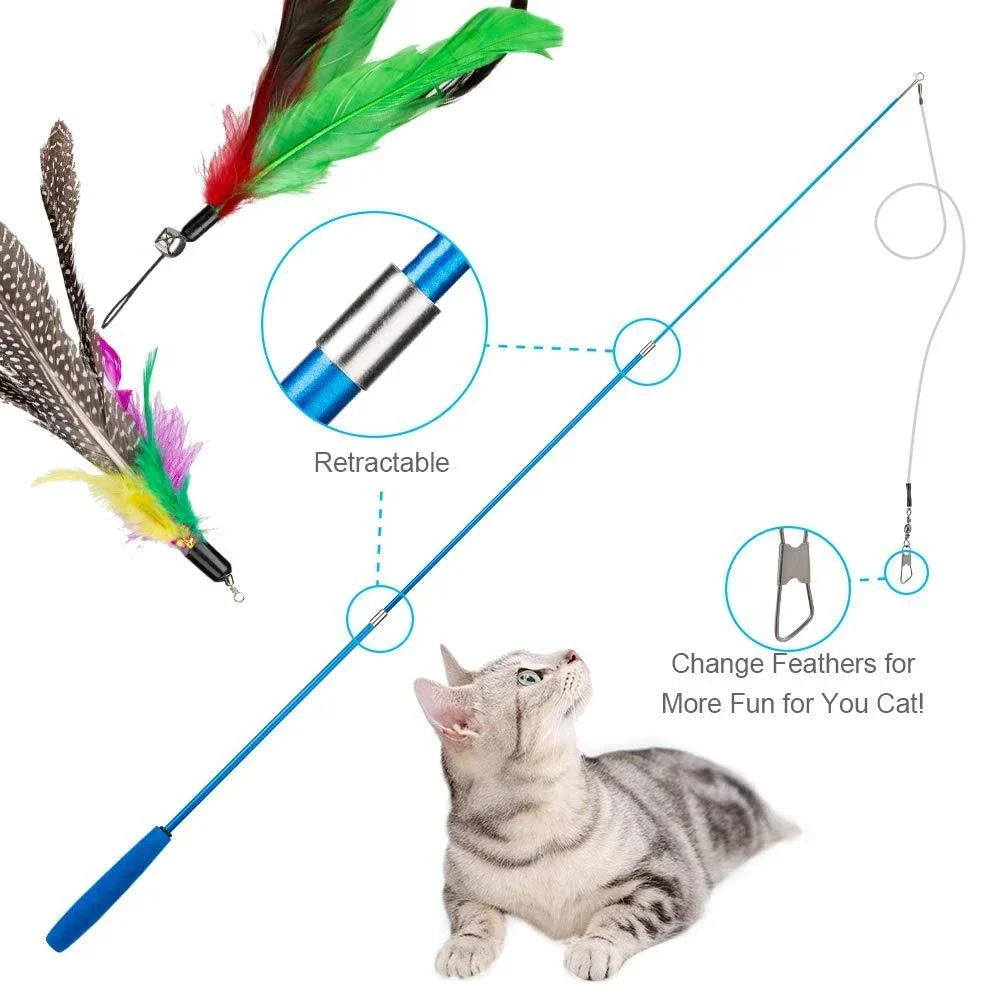 11pc Cat Feather Toy Set, Retractable Wand