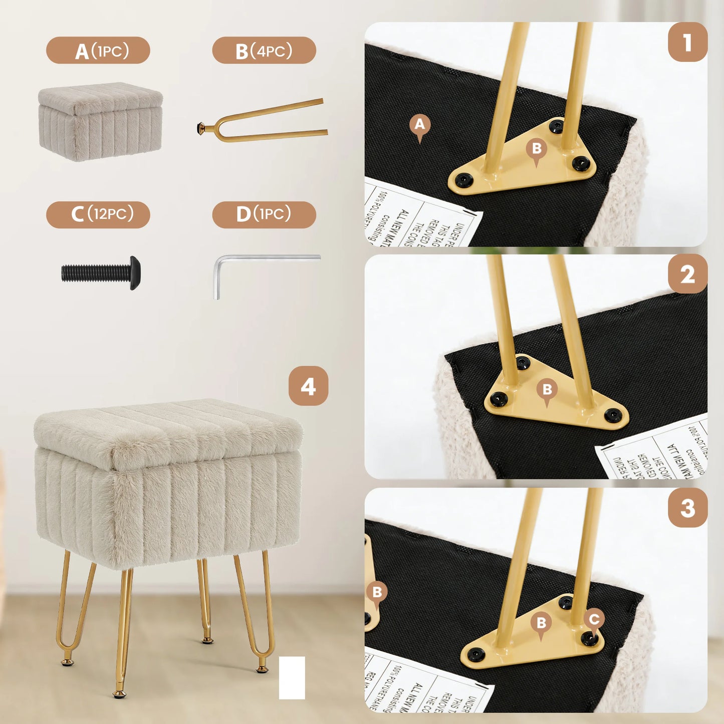 Marlowe Faux Fur Storage Vanity Stool
