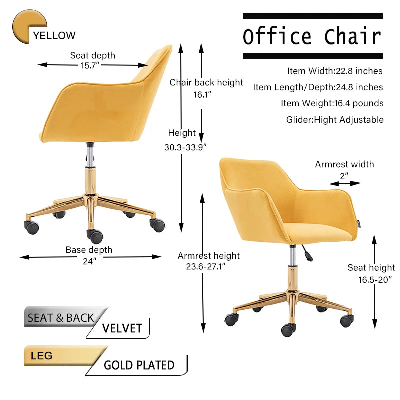 Yellow Velvet Swivel Office Chair