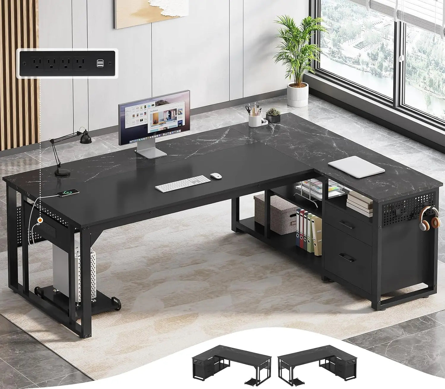 Valmere L-Shaped Desk with Storage Cabinet, File Drawer & Charging Station