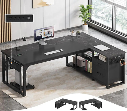 Valmere L-Shaped Desk with Storage Cabinet, File Drawer & Charging Station