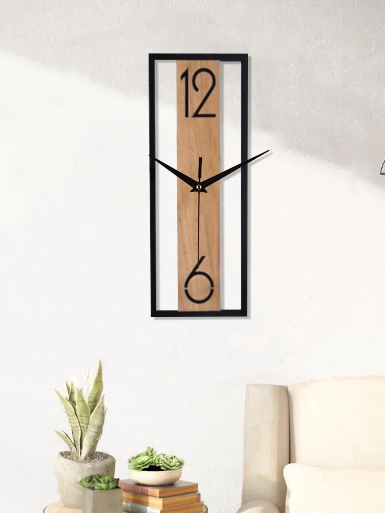Slim Wood-Grain Rectangular Wall Clock