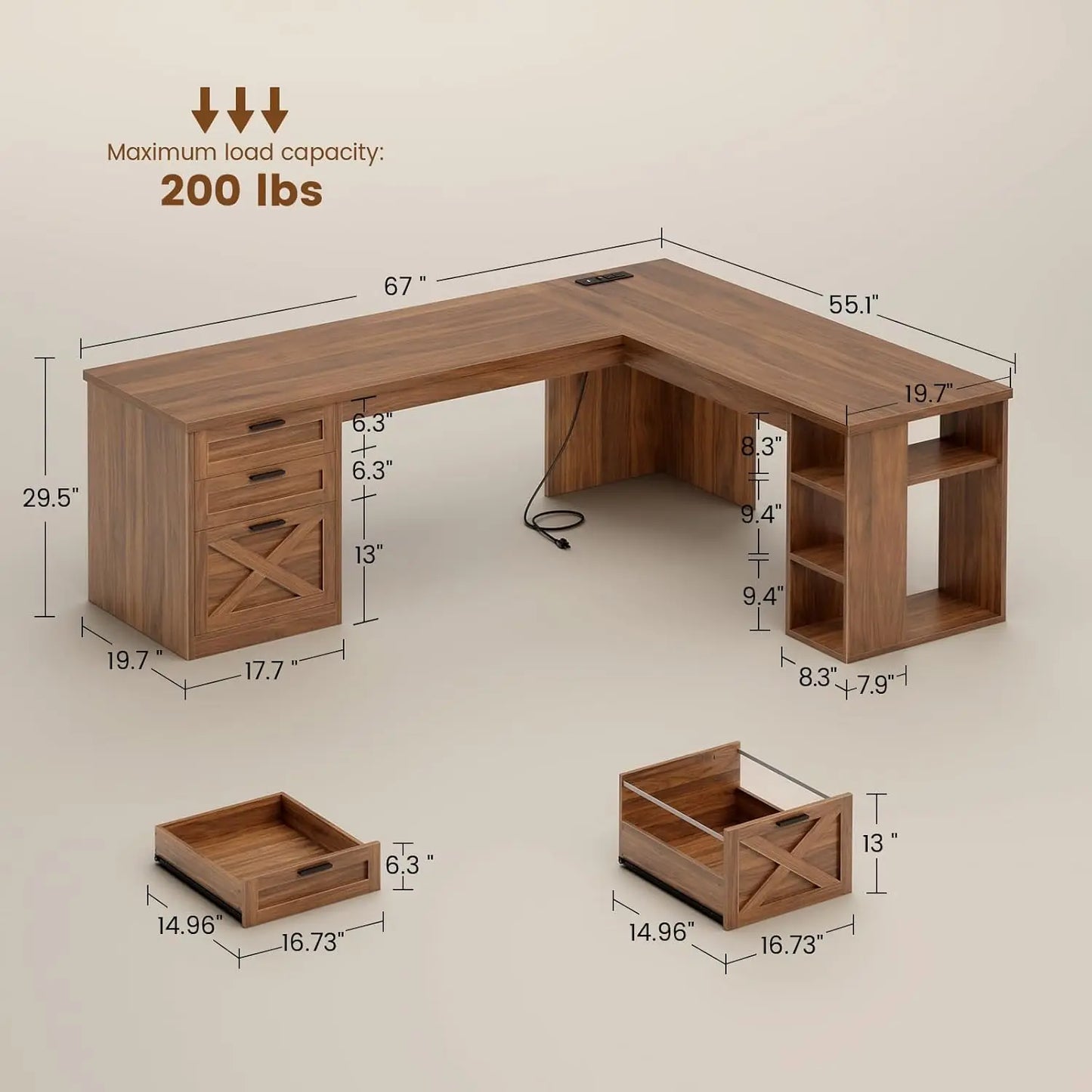 Farmhouse L-Shaped Desk with File Drawer & Built-In Charging Station
