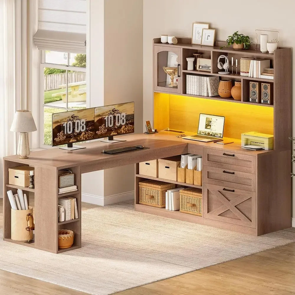 Hearthstone L-Shaped Desk with Display Cabinet & LED Lighting