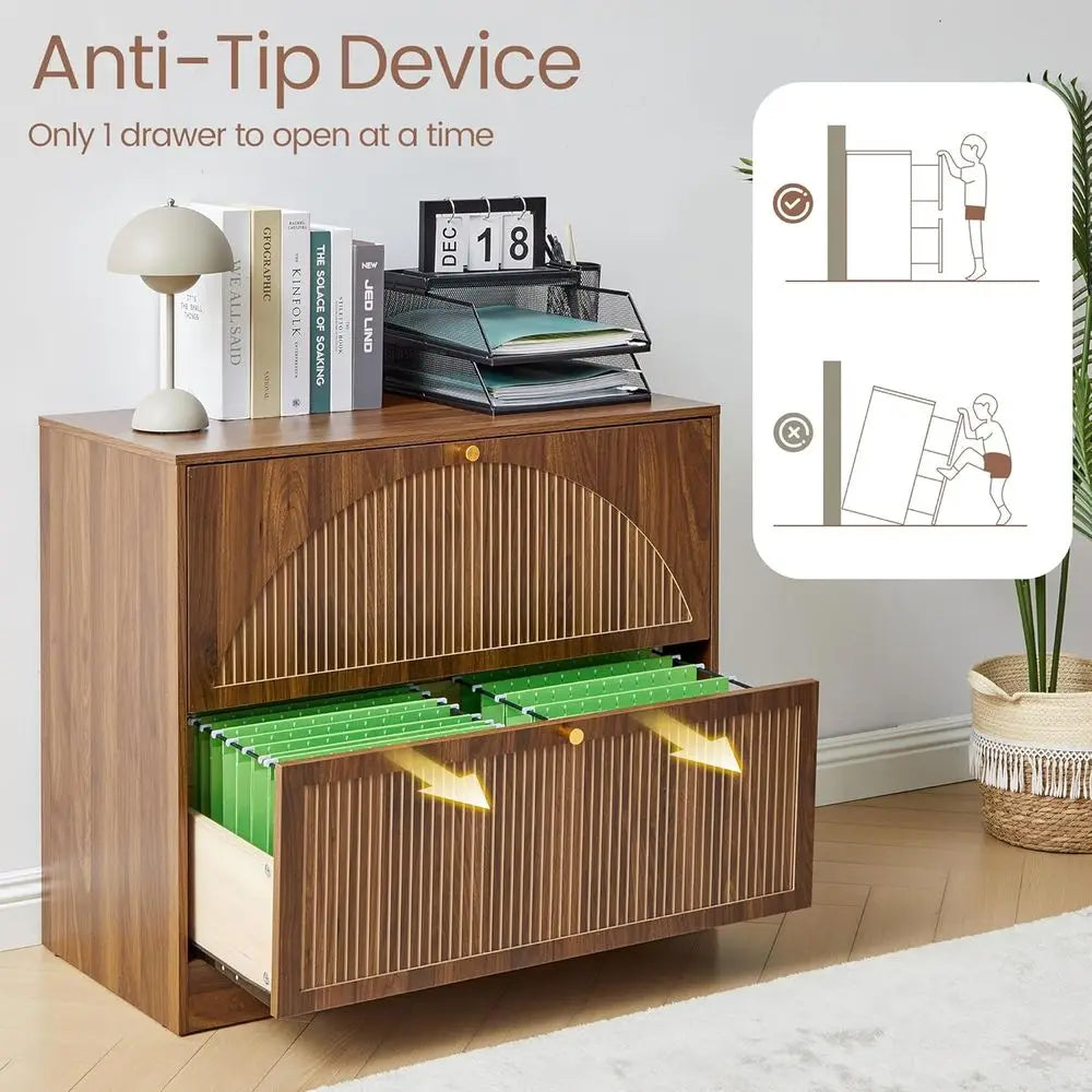Premium Walnut Filing Cabinet with Fluted Drawers & Spacious Storage