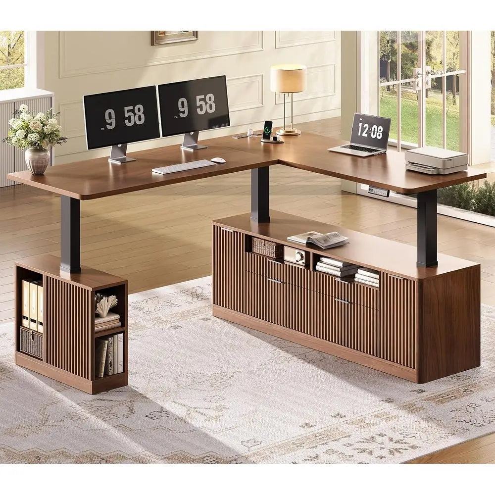 L-Shaped Standing Desk with 4 Drawers