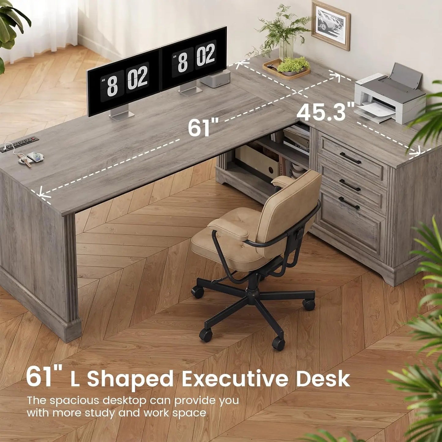 Farmhouse L-Shaped Desk with File Drawer & Built-In Charging Station