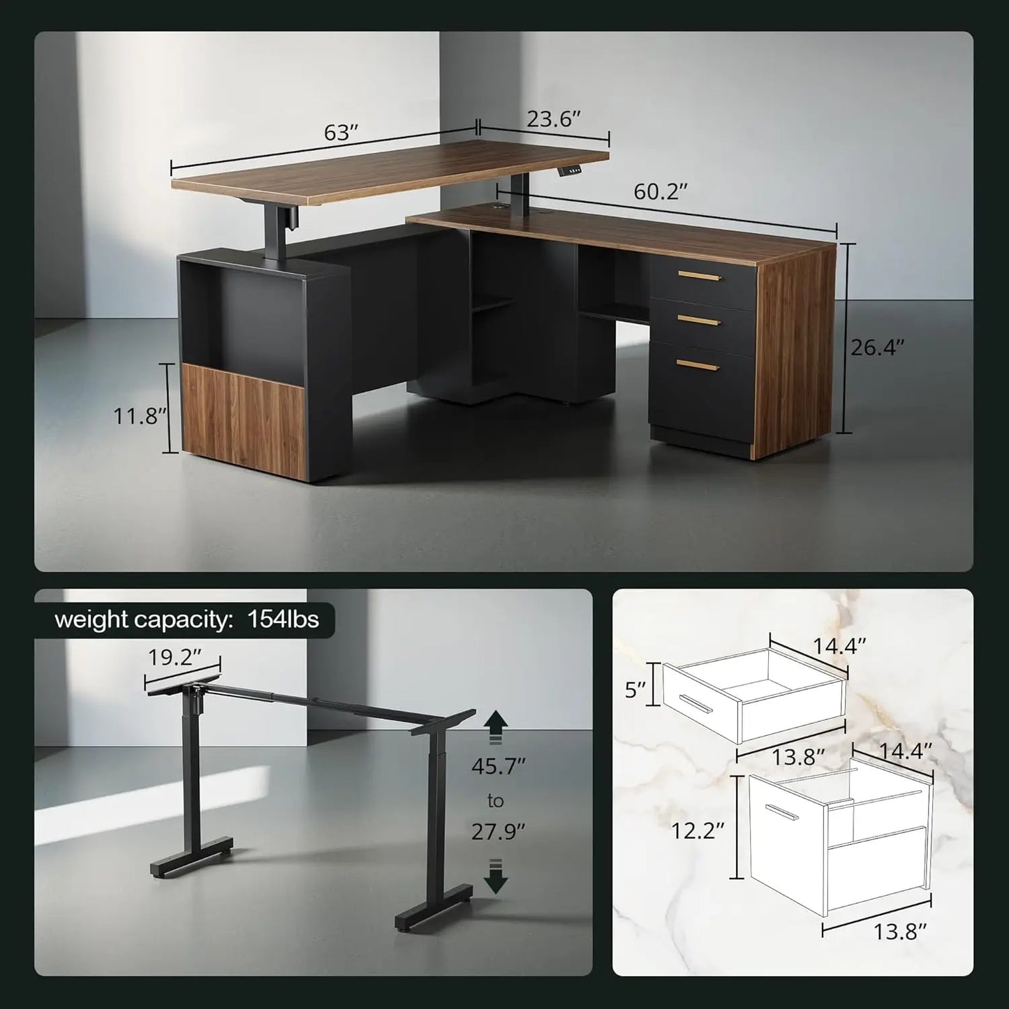 63" Standing Desk with Privacy Panel & File Cabinet