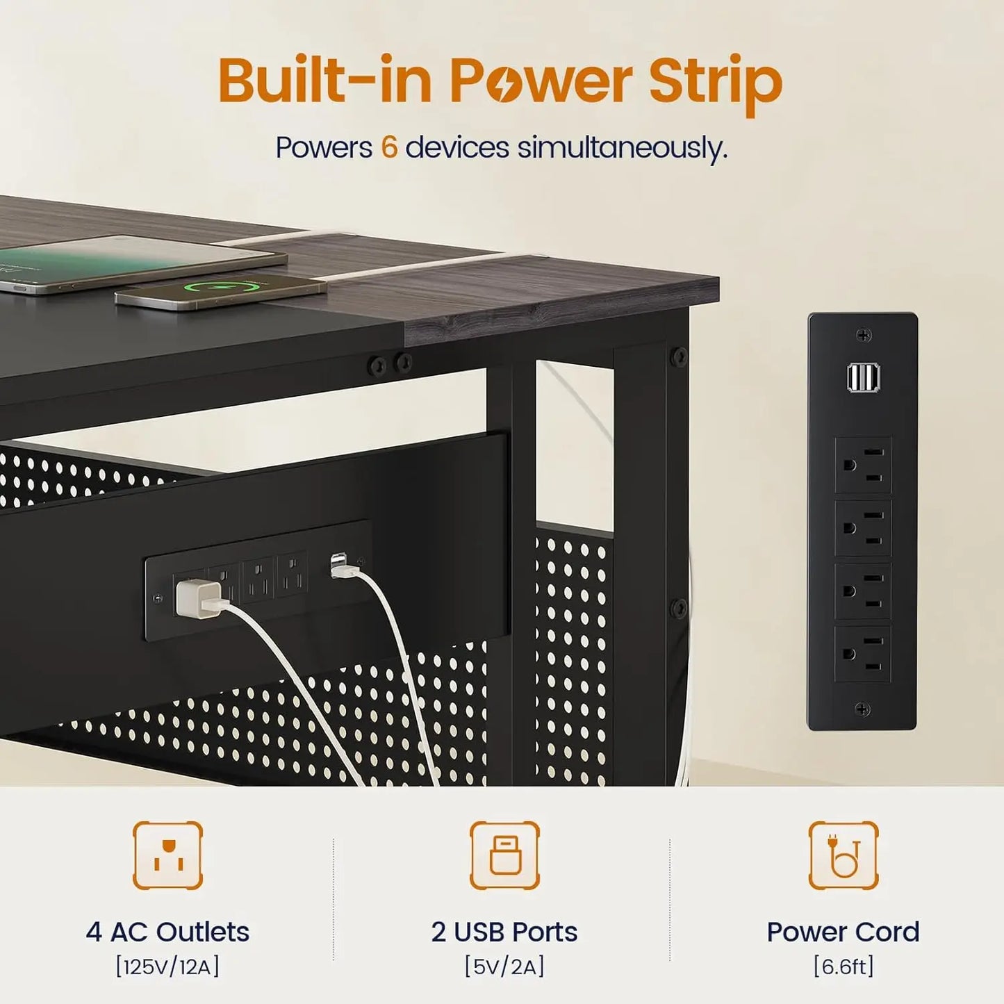 Valmere L-Shaped Desk with Storage Cabinet, File Drawer & Charging Station
