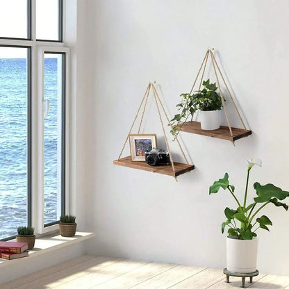Wooden Hemp Rope Hanging Shelf