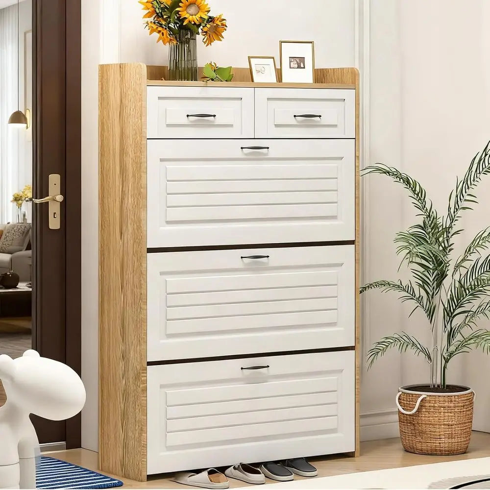 Oak & White Lip-Door Shoe Cabinet